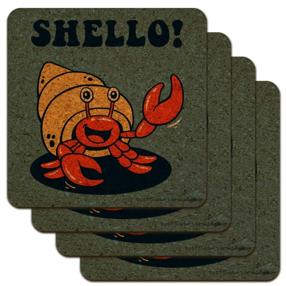Shello Hello Hermit Crab Shell Funny Humor Low Profile Novelty Cork Coaster Set