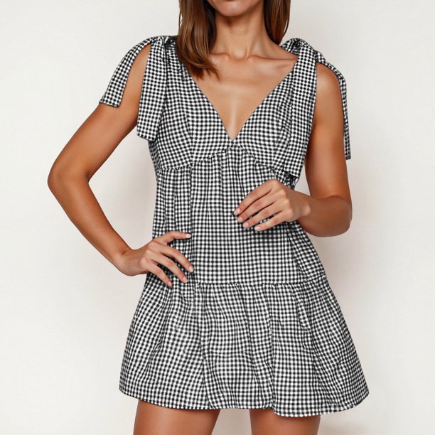 WILLBEST Vestidos de Lino para Mujer Vestido Informal con Estampado A Cuadros para Mujer Vestido sin Mangas con Cuello En V Vestido Informal Holgado con Bolsillos Mediana