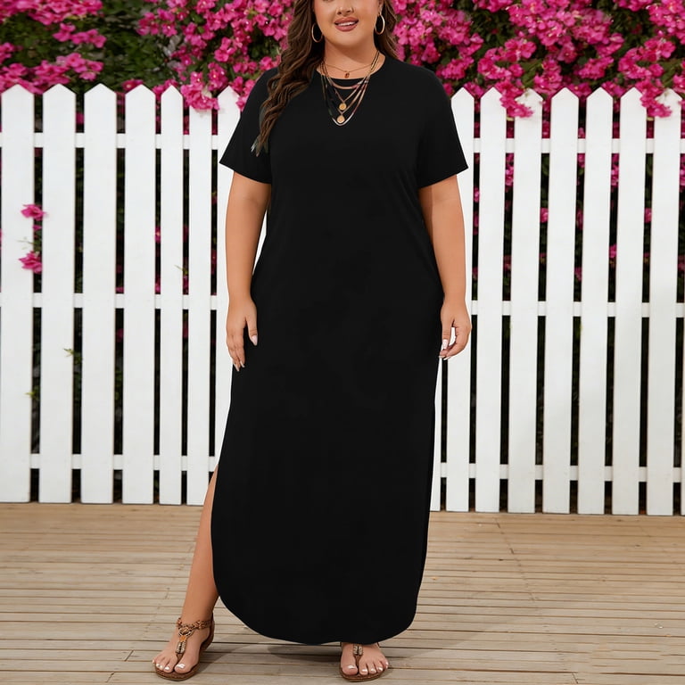 plus t shirt maxi dress Casual Boho T-Shirt Maxi Dress  V-Neck Side Slit Summer Dress
