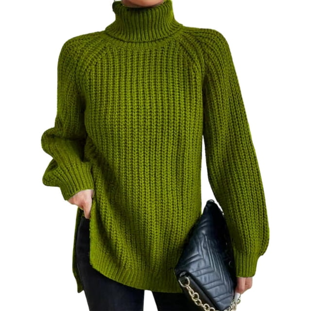 Innerwin Chandails à Col Roulé pour Femmes Chandail de Travail Manches Longues Ample Tricoté Vert Pois m