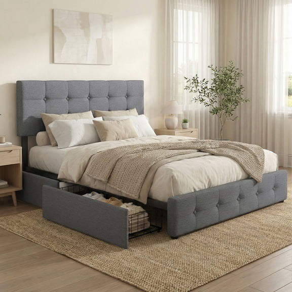 edx Queen Bed Frame with 4 Drawers & Velvet Upholstered Headboard, Platform Bed with Storage & Solid Wood Support, No Box Spring, Gray