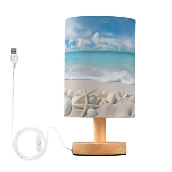 Seastars Seashells on Beach Bedside Table Lamp LED Warm Lights with USB Charging Port Retro Cylinder Desk Lamps