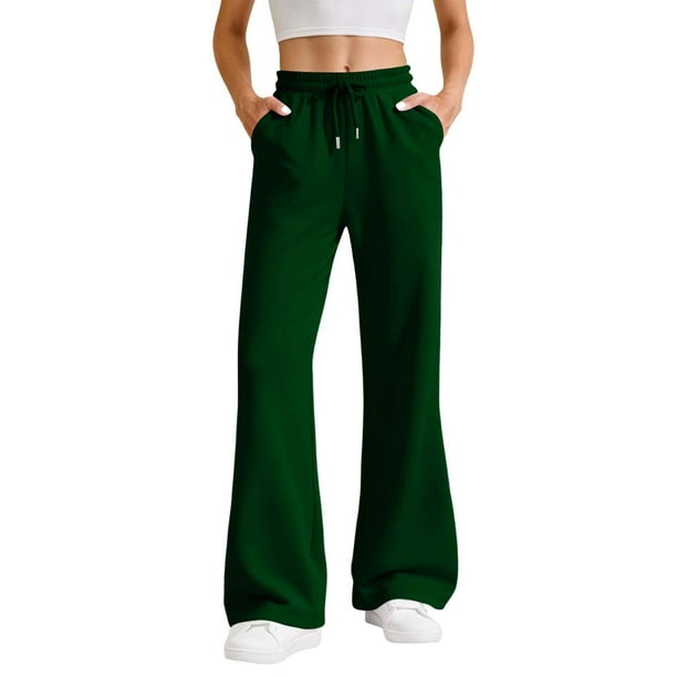 Amzcrzy Pantalones de Sudadera para Mujer de Pierna Ancha Suaves - Pantalones Casuales de Cintura Alta con Cordón Elástico, Color Sólido Clásico, con Bolsillos y Corte Acampanado, Tallas S-2XL Verde