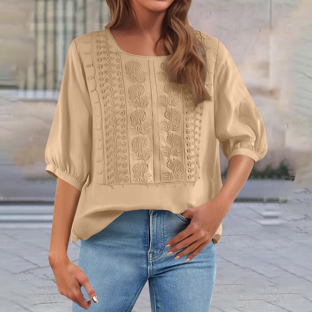 TaTaai Loose Fit Women's T-Shirt / Cotton Linen Embroidered Blouse / Vintage Style Short Sleeve Round Neck Top Gift