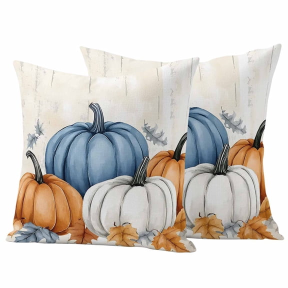 Outdoor Pillow Covers 20 x 20 Inches, Orange Pumpkin Fall Waterproof Throw Pillow Cover Set of 2, Thanksgiving Navy Blue Botanical Decorative Square Cushion Covers for Patio/Tent/Couch/Garden