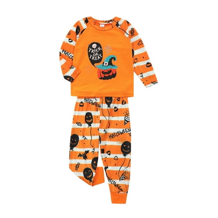 

Franhais Halloween Family Matching Pjs Set Orange Pumpkin Print Long Sleeve Tops and Trousers Holiday Cozy Sleepwear Loungewear