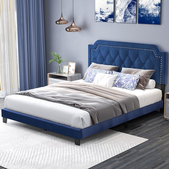 Gymax Queen Size Velvet Platform Bed w/ Button Tufted & Nailhead Trim Headboard