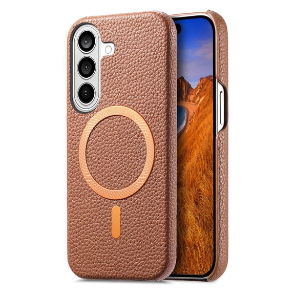 ELEHOLD Magnetic Case for Samsung Galaxy S26 , Shockproof Slim Leather Rugged PC Anti-Scratch Cover Wireless Charging Compatible, Brown