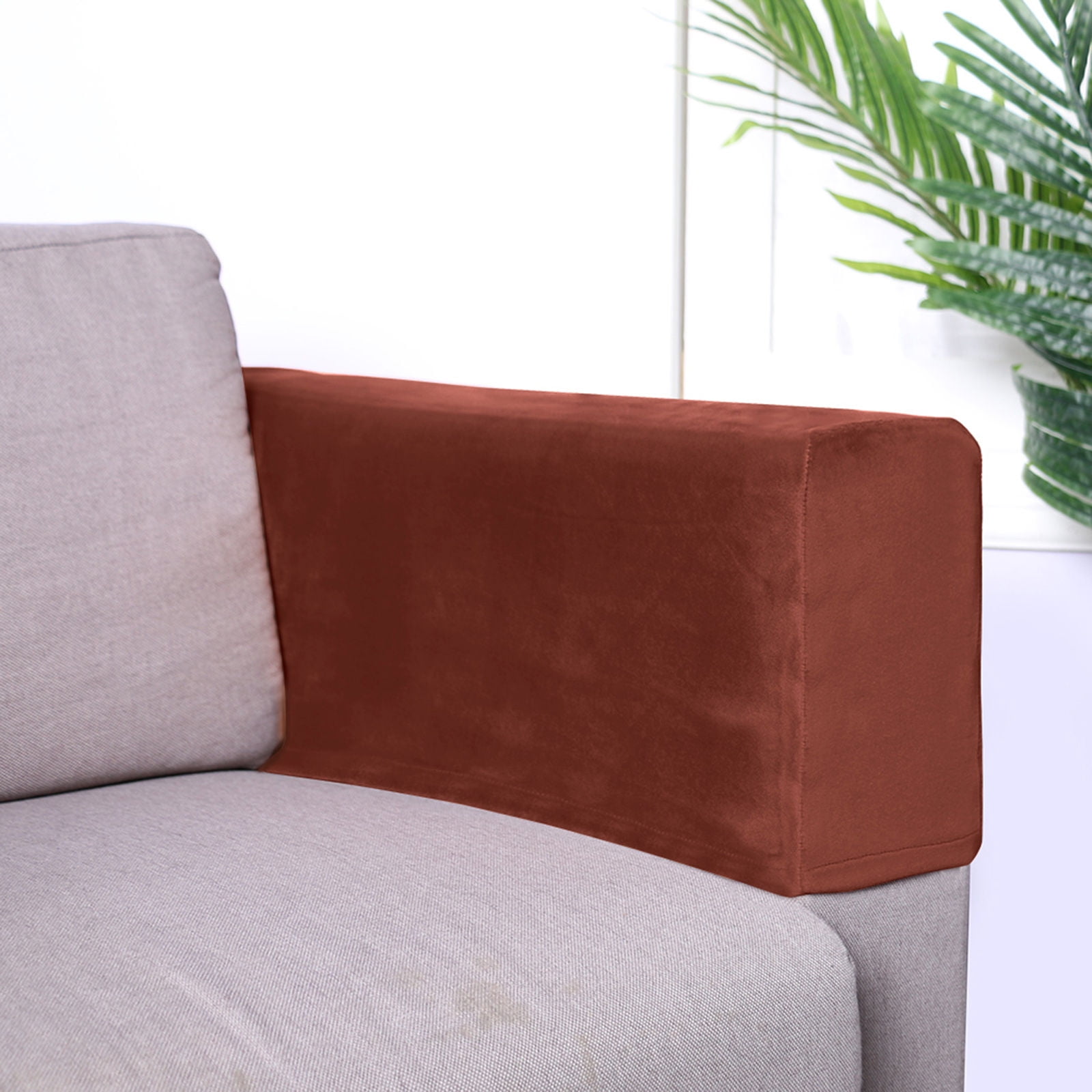 Velvet Couch Arm Cover, Stretch Armrest Covers Washable Armchair Slipcover for Recliner Sofa Soft Furniture Protector for Living Room-brown-2 pcs