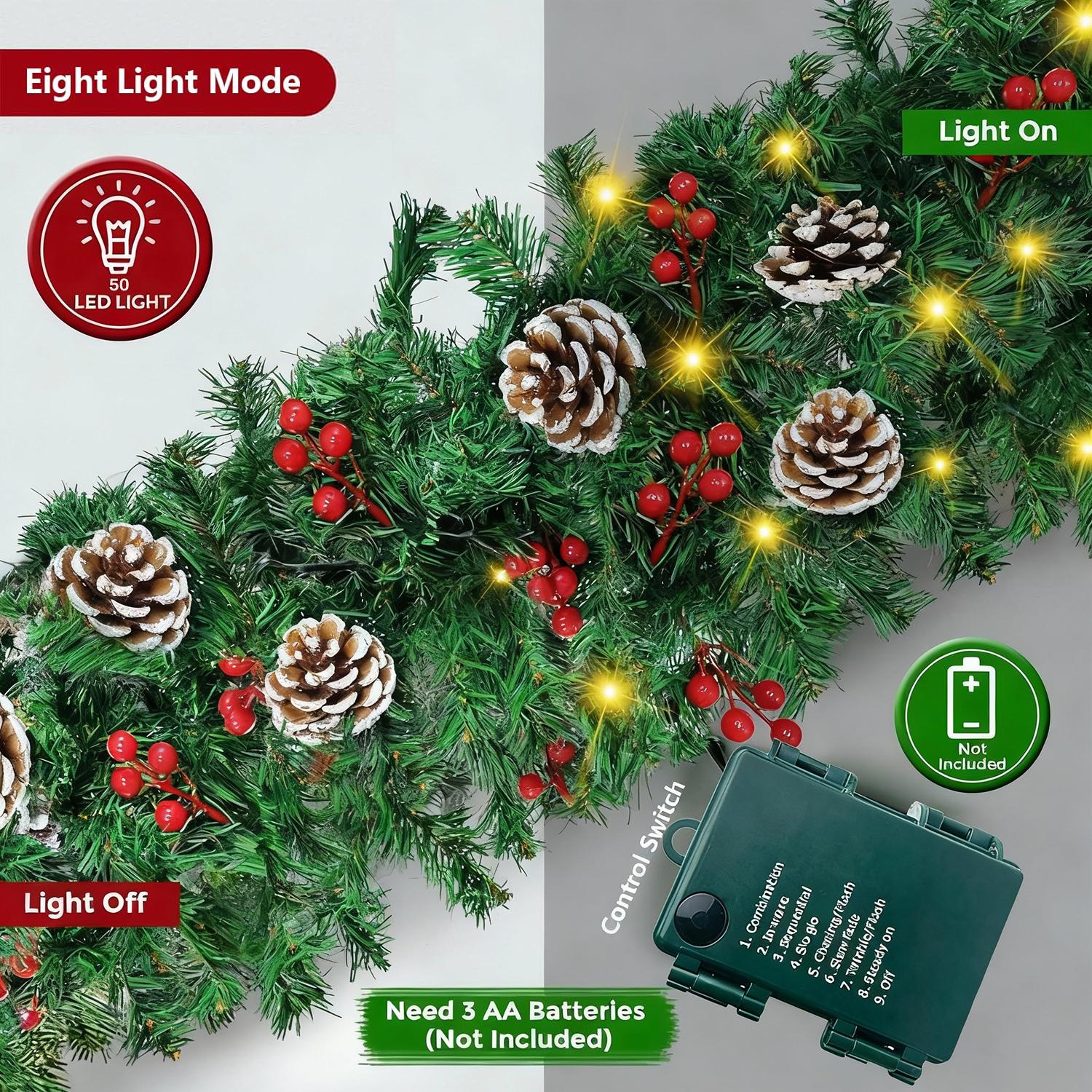 BN-LINK 9Ft Christmas Garland with 8 Lighting Modes, Battery Operated Garland with Pine Cones Red Berries, 50 LED Lights & 240 Branch Tips, Christmas Decor for Indoor Outdoor Home