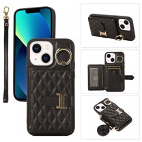 Compatible with iPhone 15 Plus Wallet Case, Crossbody PU Leather Detachable Adjustable Strap Wristlet with Card Holder Magnetic Clasp Kickstand Finger Ring Case for iPhone 15 Plus, Black