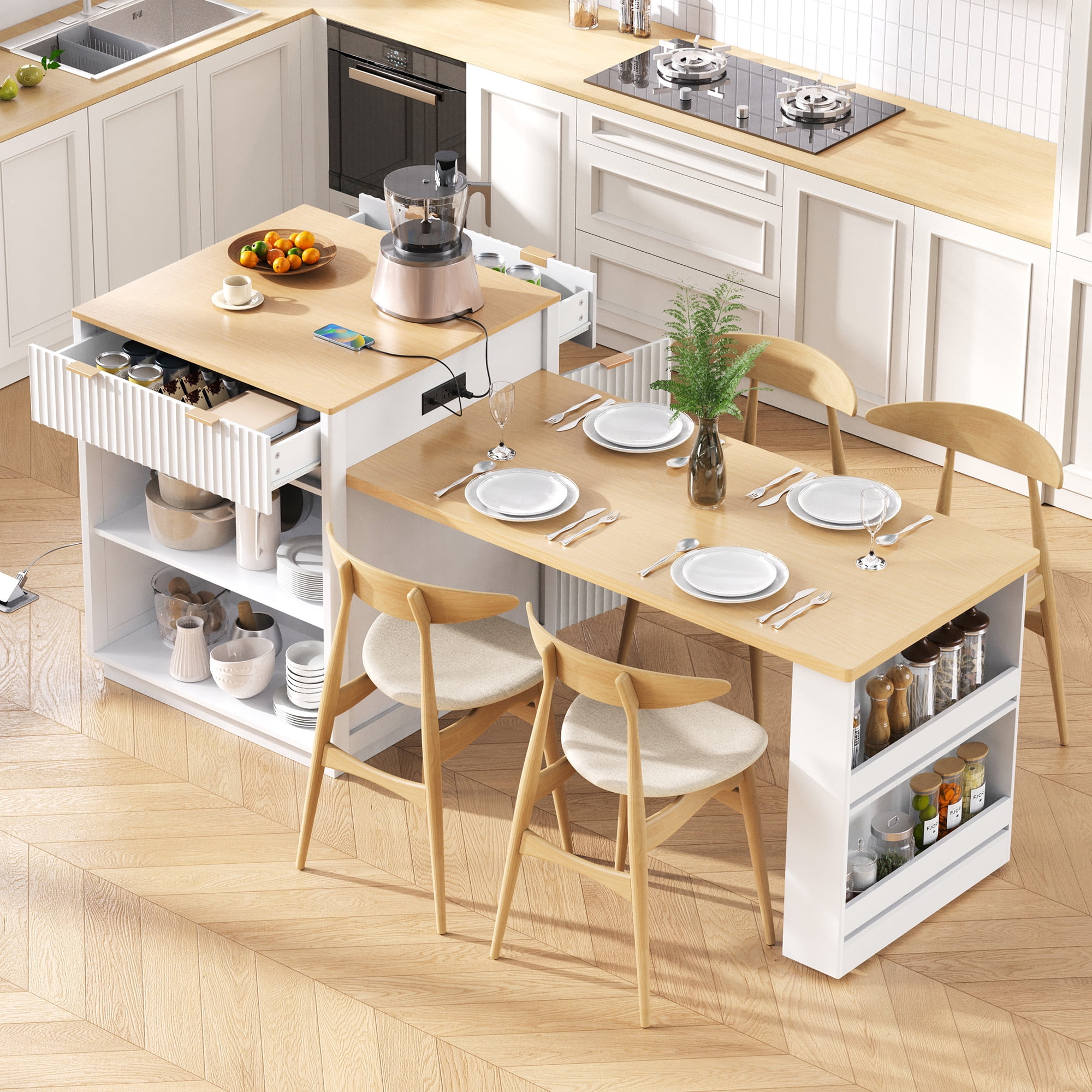 82.6" Fluted Kitchen Storage Island with Extendable Dining Table for 4-6 - Kitchen Table with Power Outlet, Double-Side Storage, 2 Drawers & 2 Side Open Shelves