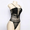 thumbnail image 3 of Women See Through Lingerie Lace-up Front Deep V Neck Eyelash Lace Bodysuit Lingerie, 3 of 6