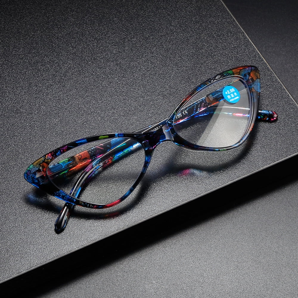 6 Pairs of Classic Cat Eye Reading Glasses for Women Blue Light Blocking Retro Readers, Ladies Plastic Spring Hinge Blue Print Presbyopia Glasses +1.00