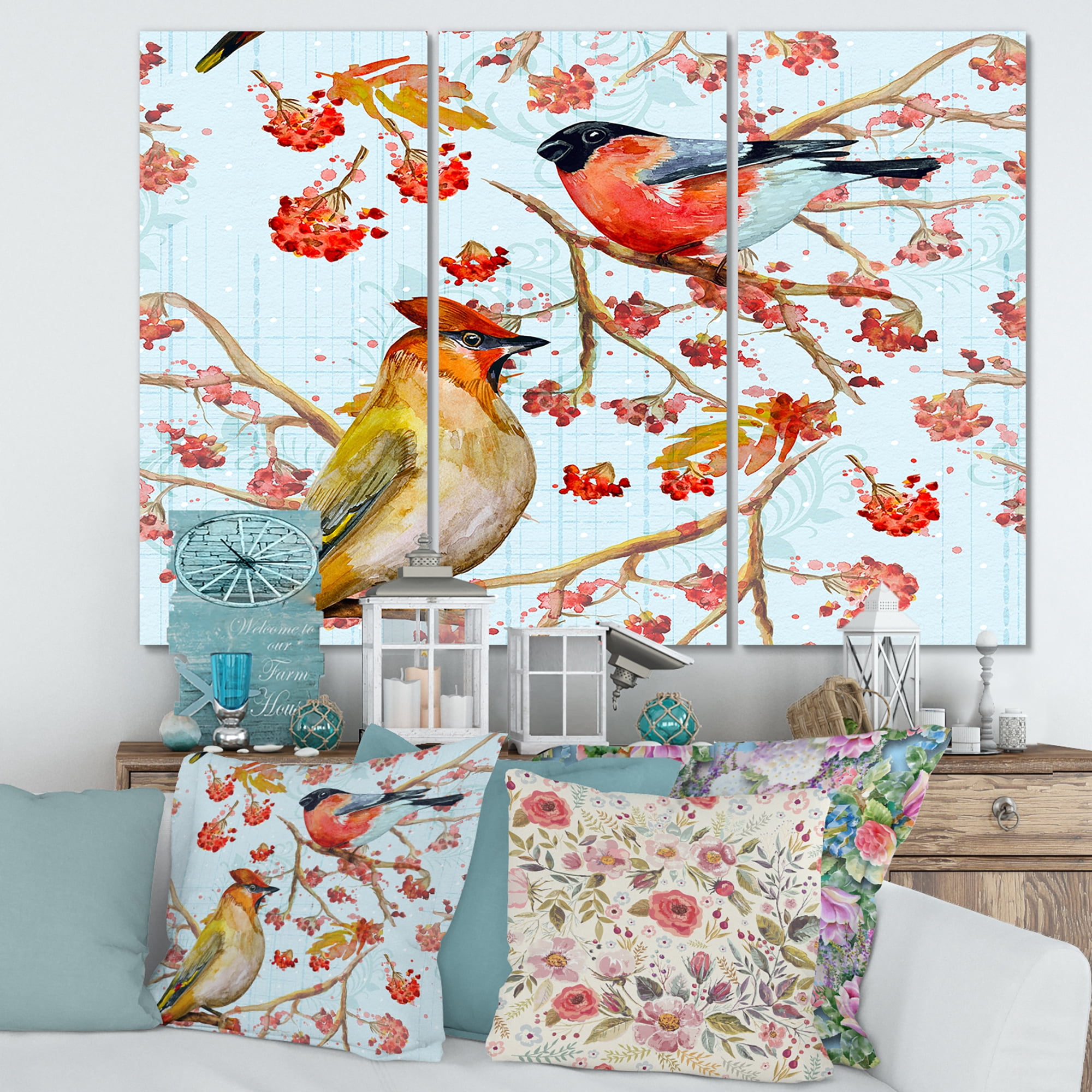 Designart ' Two Birds Sitting On Branches During Autumn ' Traditional Canvas Wall Art Print