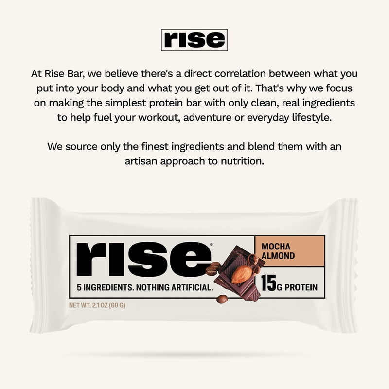 Rise Whey Protein Bars - Mocha Almond | Breakfast Bar & Protein Snack 15g Protein 4g Fiber Just 5 Whole Food Ingredients Gluten-Free Soy Free (12 Count)