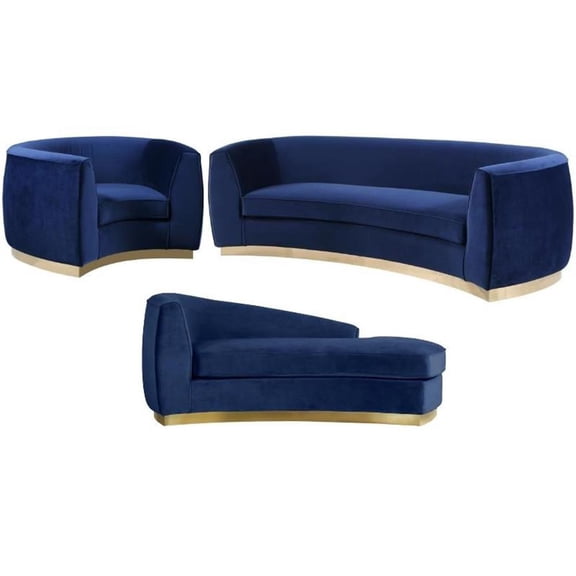 Home Square 3-Piece Set with Accent Chair Chaise and Sofa in Navy and Gold