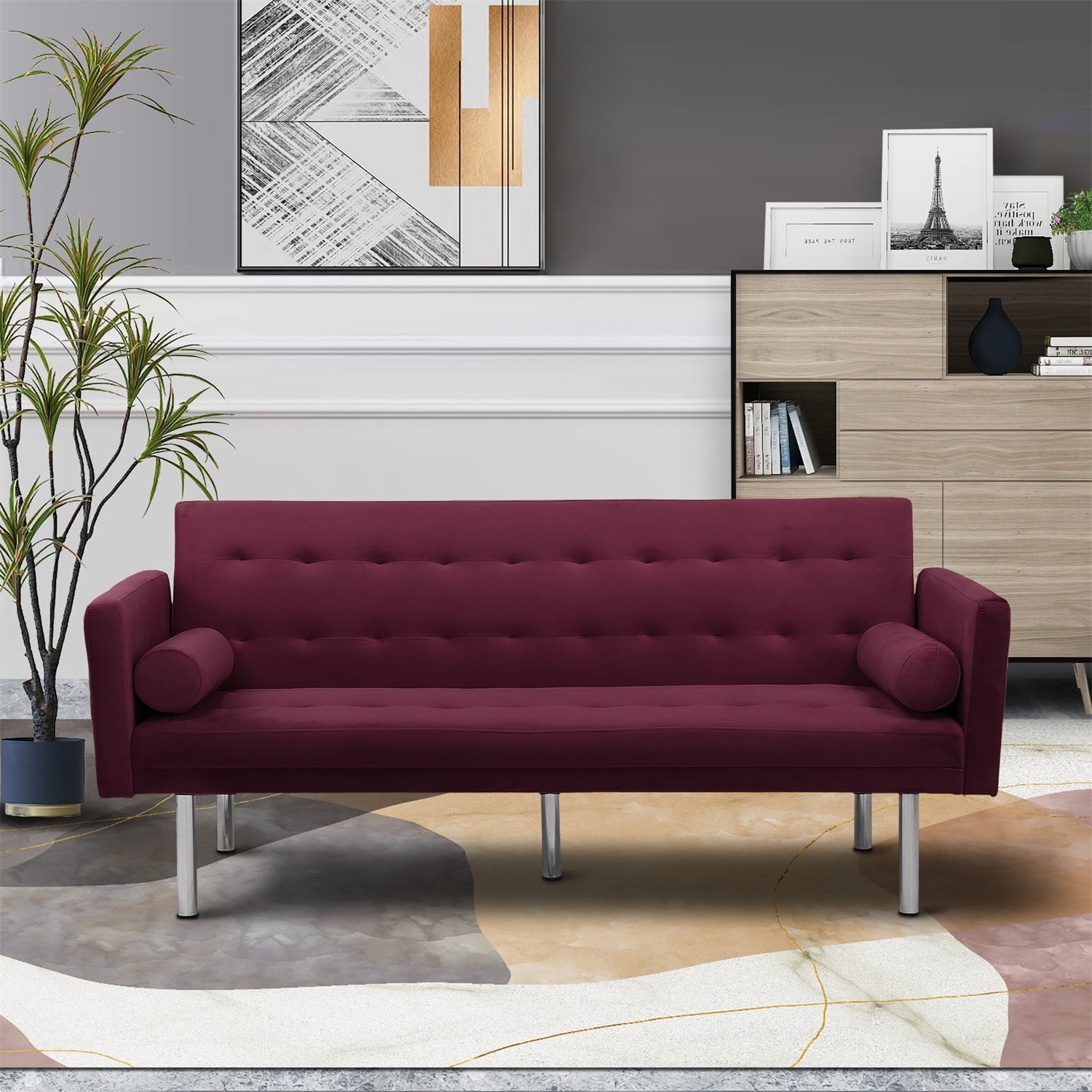 Convertible Futon Sofa Bed with 2 Pillows, Tufted Upholstered Sofa
