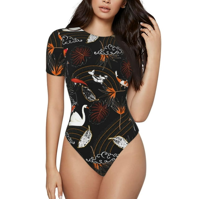 Vsdgher Combinaison à Manches Courtes Imprimé Poisson Koi pour Femmes, Justaucorps Aguichant une Pièce Col Rond Shapewear Contrôle du Ventre-Petit