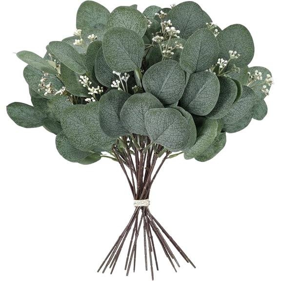 30 Pcs Artificial Eucalyptus Stems with White Seeds,Fake Silver Dollar Eucalyptus Leaves Stem Faux Leaf for Wedding Bouquets, Flower Arrangements, Tables Centerpieces, Home Decor