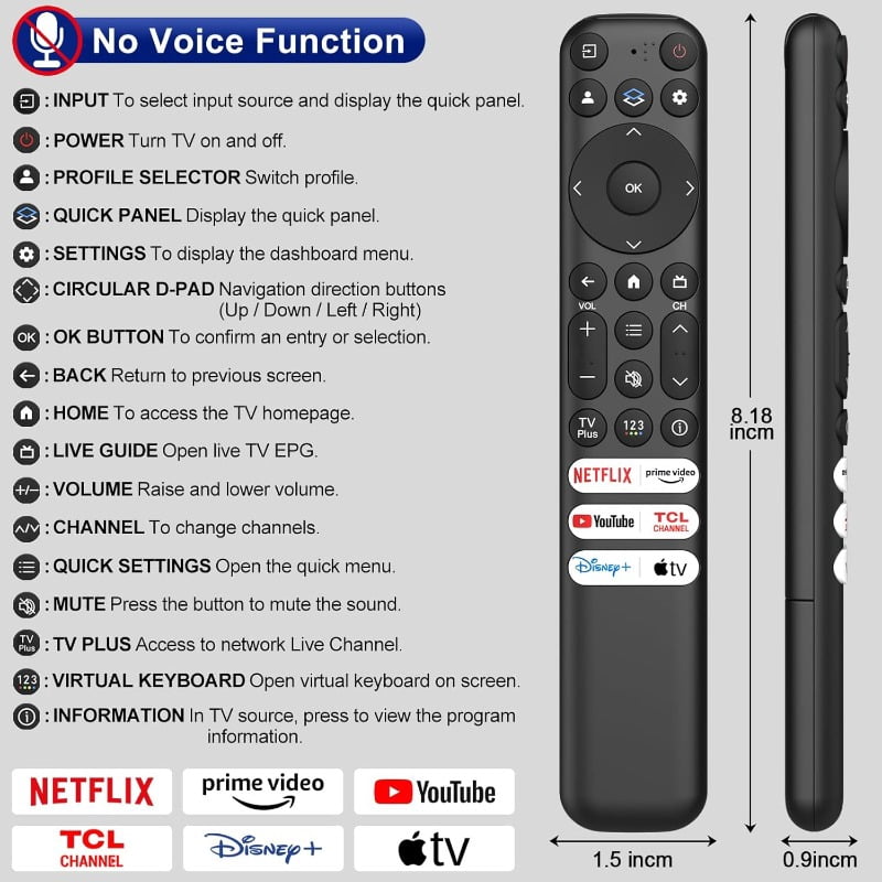 Replacement for TCL Google TV Remote Control, RC813 Compatible with TCL QM8 / QM7 / S5 / S4 / S3 / Q7 / Q6 / Q5 4K UHD HDR LED QLED QD-Mini LED Full-HD Smart TVs (No Voice Function)