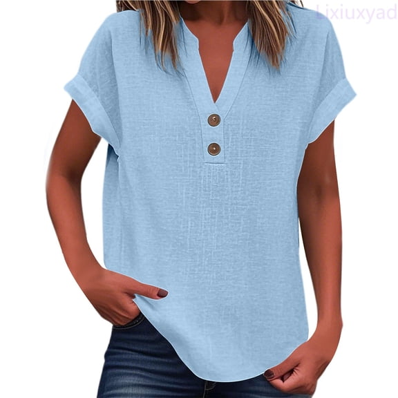 Lixiuxyad Women's V Neck Pure Color Casual T Shirt For Summer Everyday Wear Summer Tee Shirts,Blue L