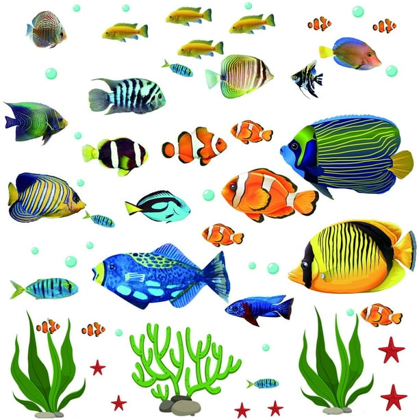 Debajo de las calcomanías de pared de peces de mar Calcomanías decorativas de pared de arrecife de coral Calcomanías de pared de peces pelar y pegar pegatinas arte de pared de estrella de mar BRI Rojo Verde
