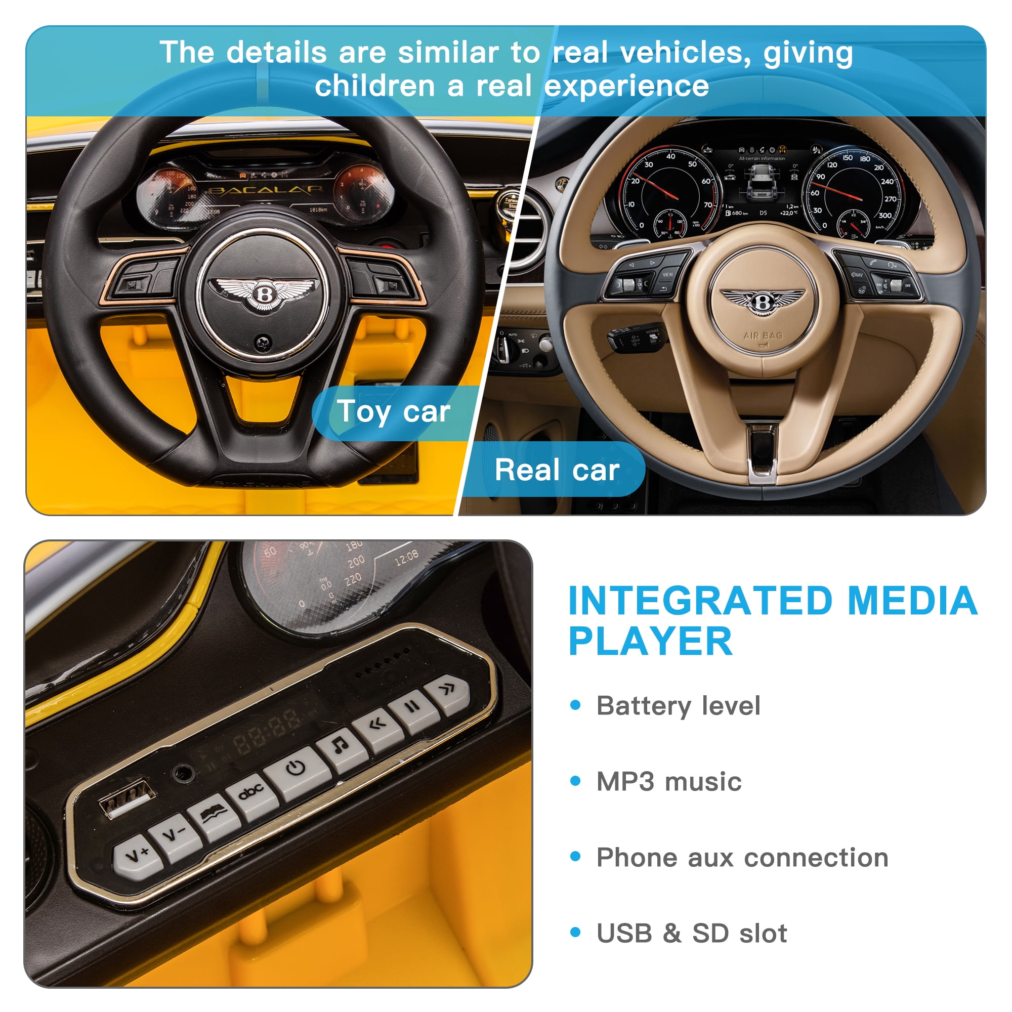 CIPACHO Licensed Bentley Mulsanne 12 V Kids Electric Ride On Cars Battery Powered Sports Car Toy, Parents Control, Sound System, Yellow CIPACHO Licensed Bentley Mulsanne 12 V Kids Electric Ride On Cars Battery Powered Sports Car Toy, Parents Control, Sound System, Yellow