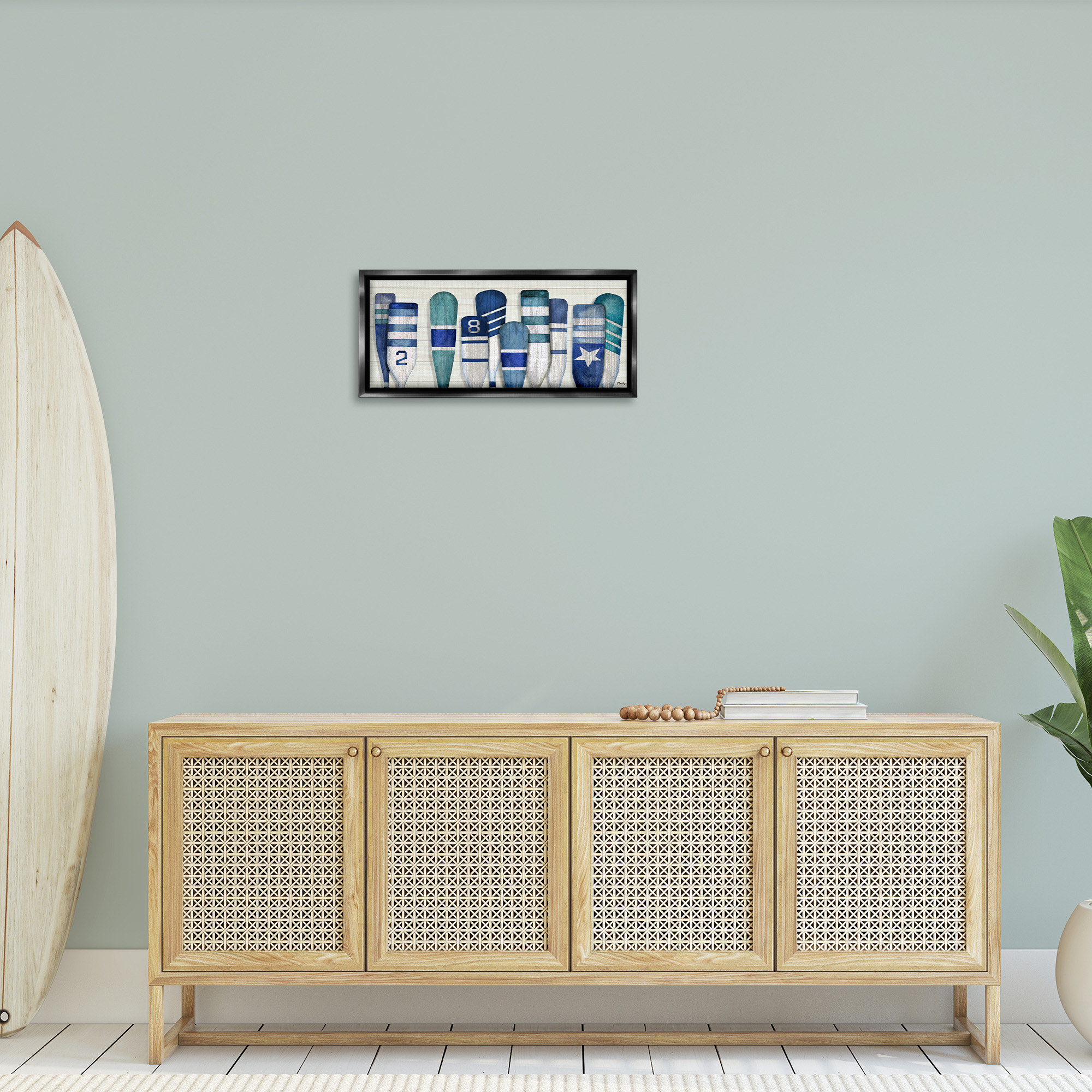 Stupell Industries Port Oars Nautical Blue Patterns Nature Painting Black Floater Framed Canvas Art Print Wall Art, 25 x 11