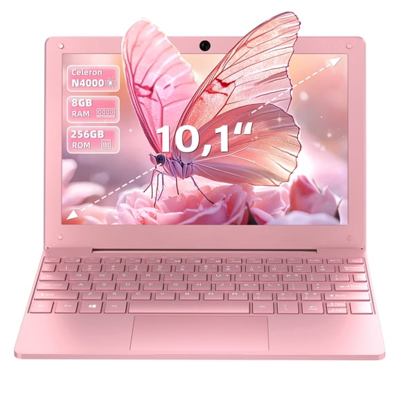 10.1-inch Portable Mini Pink Laptop Computer, DDR4 8GB RAM, 256GB SSD, Celeron N4000, Built-in Webcam, Notebook With WiFi, HDMI, Bluetooth, Type-C Charging, Easy to Carry
