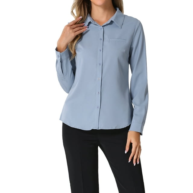INSPIRE CHIC Chemise de Travail à Manches Longues à Boutons pour Femmes TP Bleu Uni