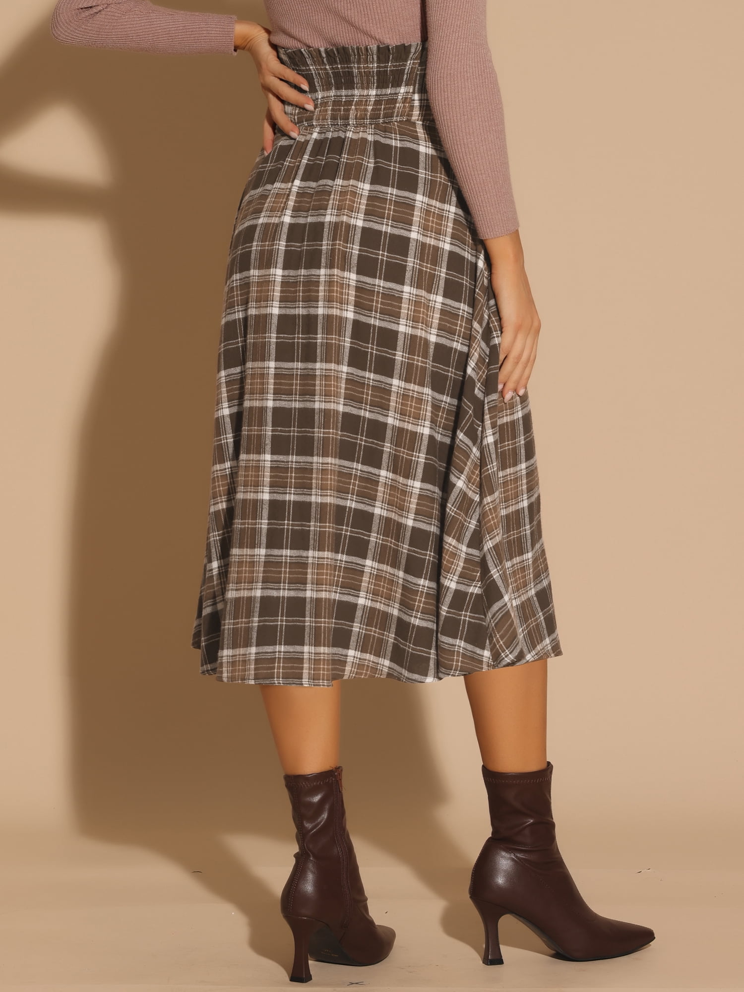 DARING DIVA Women's High Elastic Waist Fall Winter A-Line Midi Skirt L Brown