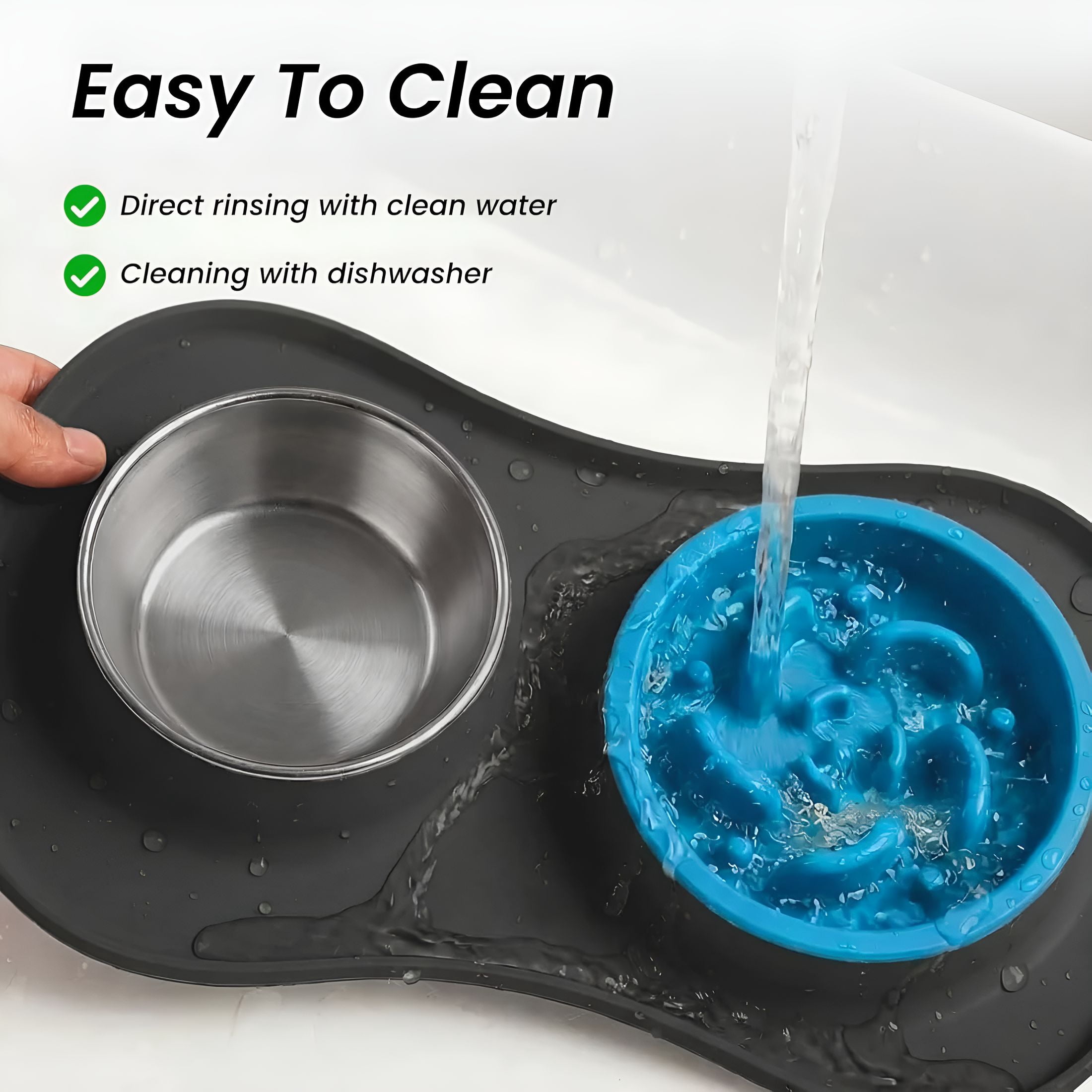 ACDANC Slow Feeder Dog Bowls Stainless Steel Food and Water Bowl Set 3 in 1 No Spill Waterproof Silicone Pet Food Mat Puppy Feeding Station for Large Medium Small Breed Non Slip Metal Dish Tray