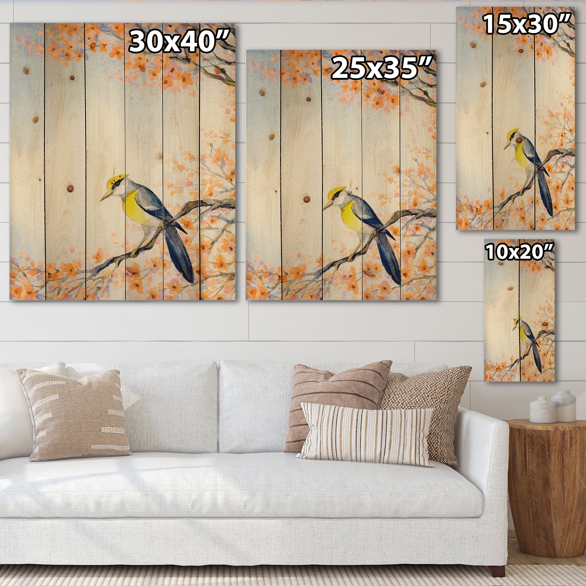 Designart 'Beautiful Blue Bird Sitting On Flowering Branch II' Traditional Print on Natural Pine Wood