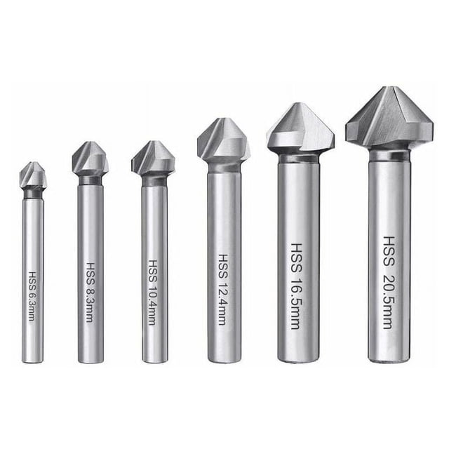Juego de 6 brocas helicoidales y cortadores de desbarbado para madera, metal y PVC: 6,3/8,3/10,4/12,4/16,5/20,5 mm, HSS 6542, avellanador de 90°