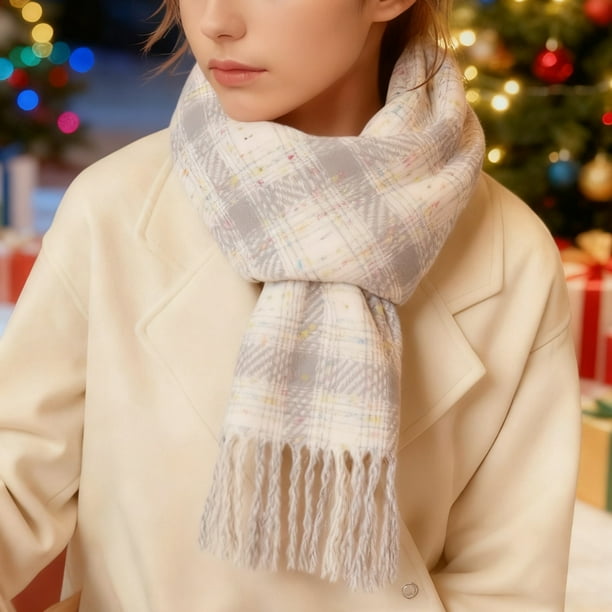 Bufanda cálida para mujer, tipo chal grande, ideal para el invierno. Bufanda gruesa de punto, con estampado de cuadros blancos y lila claro. Manta cálida para el cuello con flecos, suave y ligera. Un