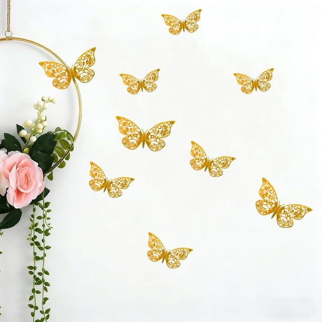Pegatinas de Pared de Mariposas: 12 Piezas de Mariposas Doradas Decorativas, Ideales para Cumpleaños y Fiestas. Pegatinas Extraíbles.