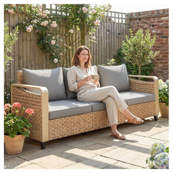Rattan Wicker Patio Sofa 3-Seater Outdoor Furniture with Cushions for Garden Backyard Porch Gray