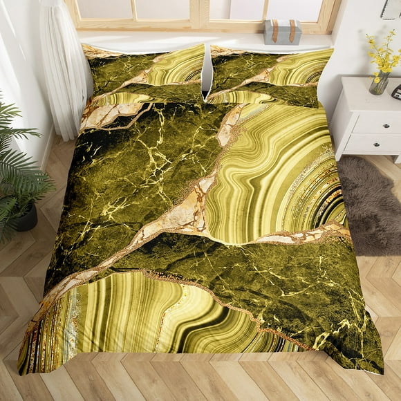 Green Gold Marble Duvet Cover King, Marbling Crack Print Bedding Set For Teens, Abstract Metallic Texture Comforter Cover, Luxury Shinny Room Decor Boho Hippie Fluid Quilt Cover Cover