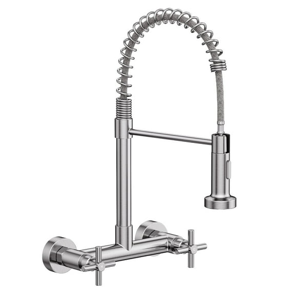 KINGTACK Wall Mount Kitchen Faucet,8 inch Commercial Sink Faucet with Sprayer, Dual Handles Utility Sink Faucet for Kitchen Laundry Restaurant,Stainless Steel