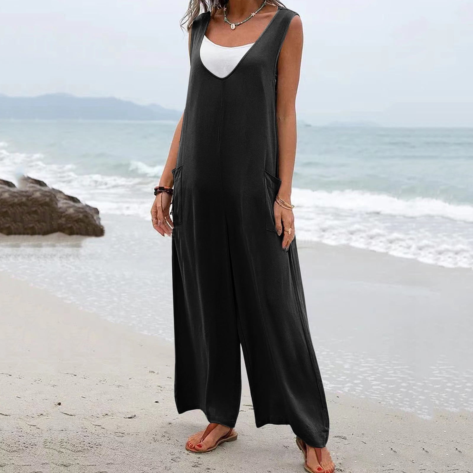 nsendm Womens Pants Female Adult Hammer Jumpsuit Women Summer Wide Leg Jumpsuit Sleeveless V Neck Casual Loose Jumpsuit Comfy Drawstring Overalls