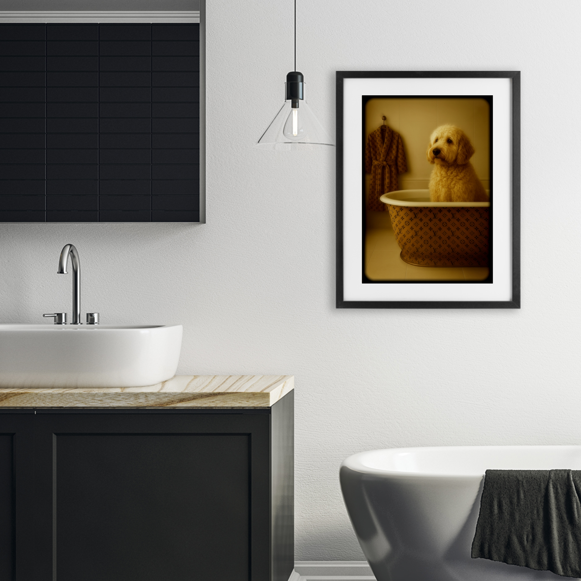 Stupell Industries Couture Dog in Luxury Tub Black Framed Print Under Glass, design by Grotto Studios