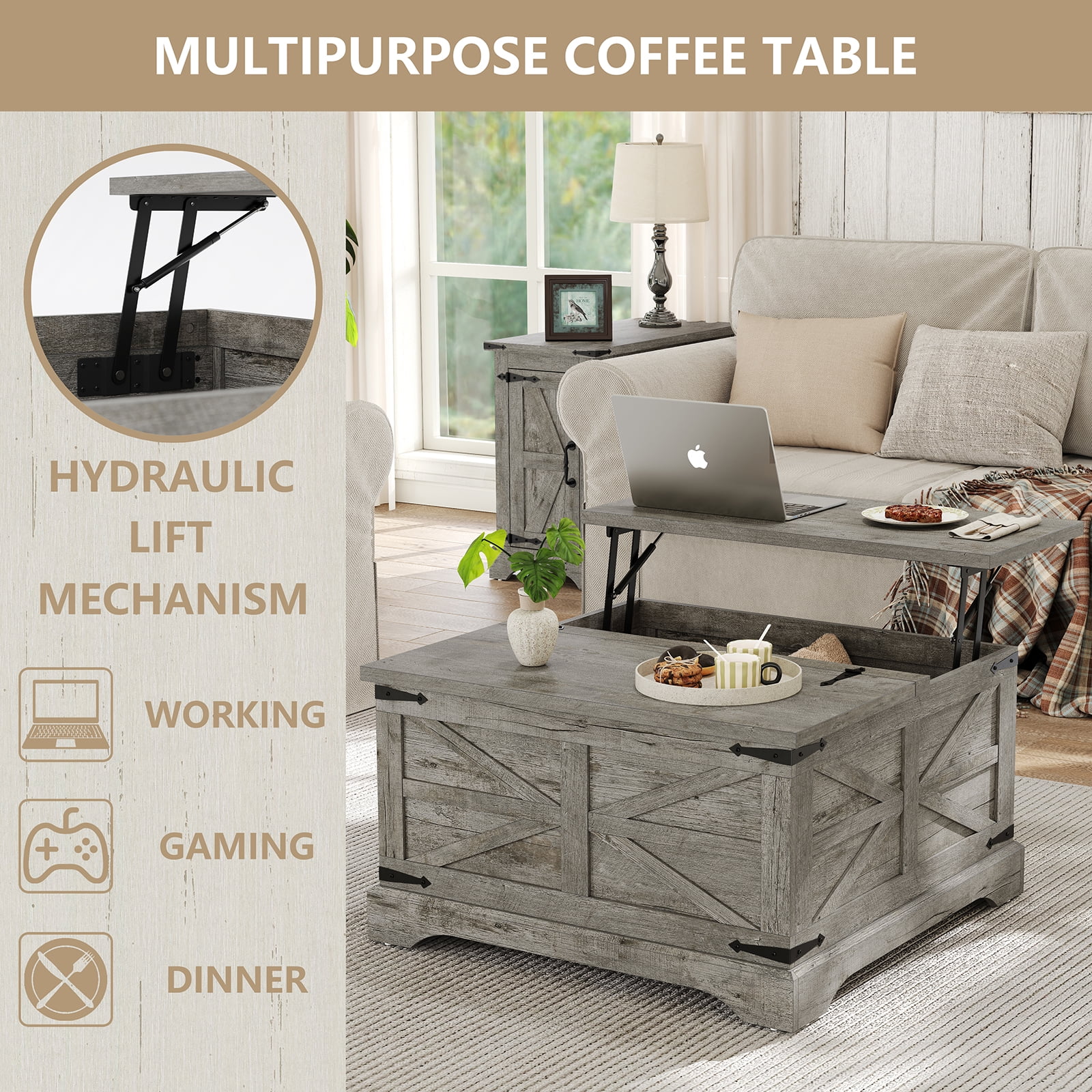 Furnihold Square Coffee Table with Storage Farmhouse Lift Top Coffee Table Wood Rustic Center Table for Living Room Home, Grey Oak