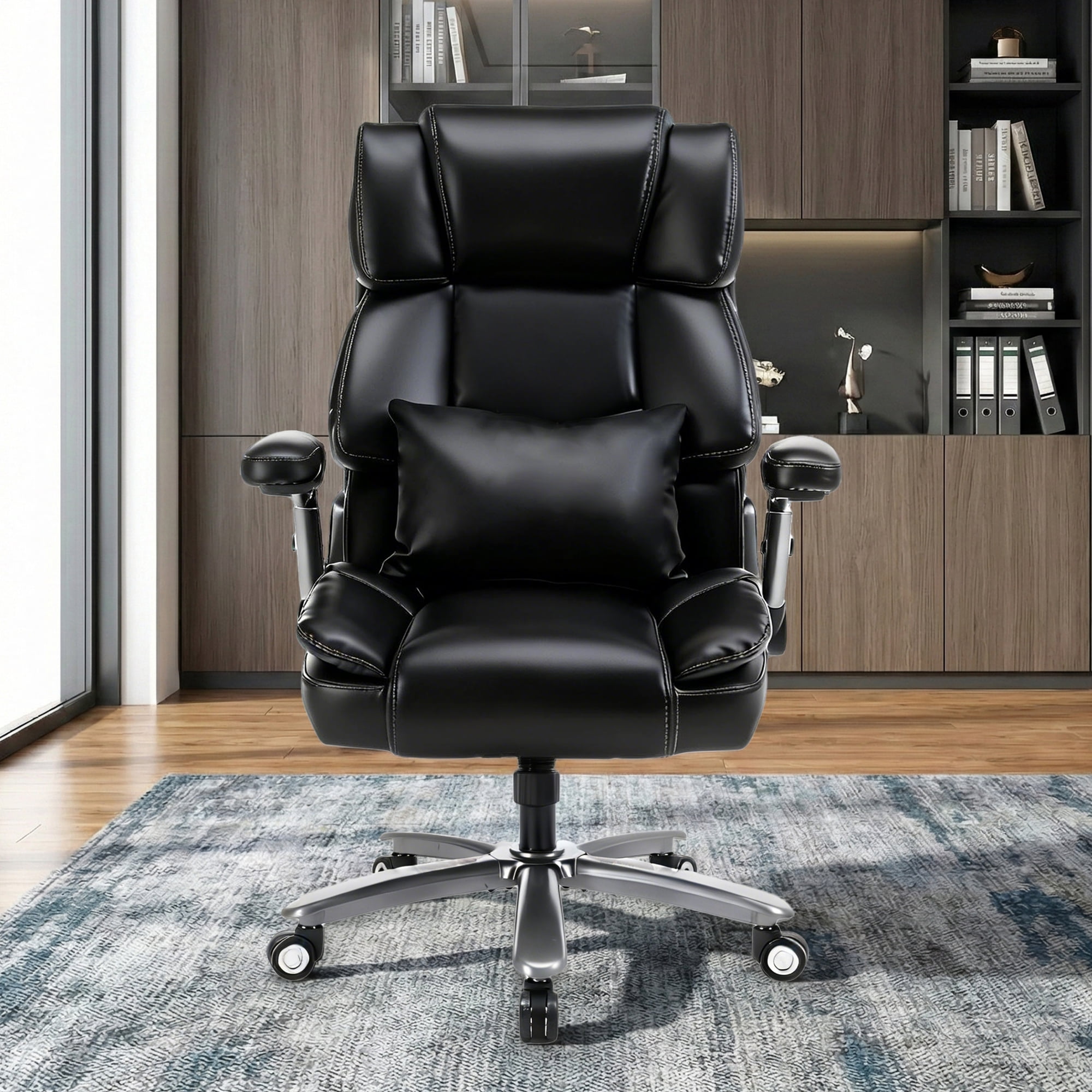 EOP 600LBS Big and Tall Heavy Duty Office Chair, Ergonomic Massage Desk Chair with 4D Adjustable Armrests, PU Leather Executive Chair with Lumbar Support & Quiet Dual Rubber Wheels, Black