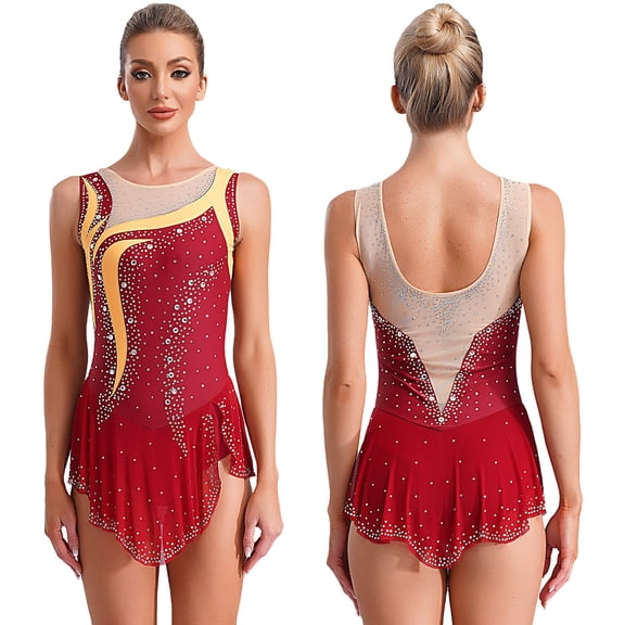 iiniim Women's Sparkly Rhinestone Sleeveless Figure Skating Dance Dress Lyrical Ballet Leotard Dancewear Burgundy L