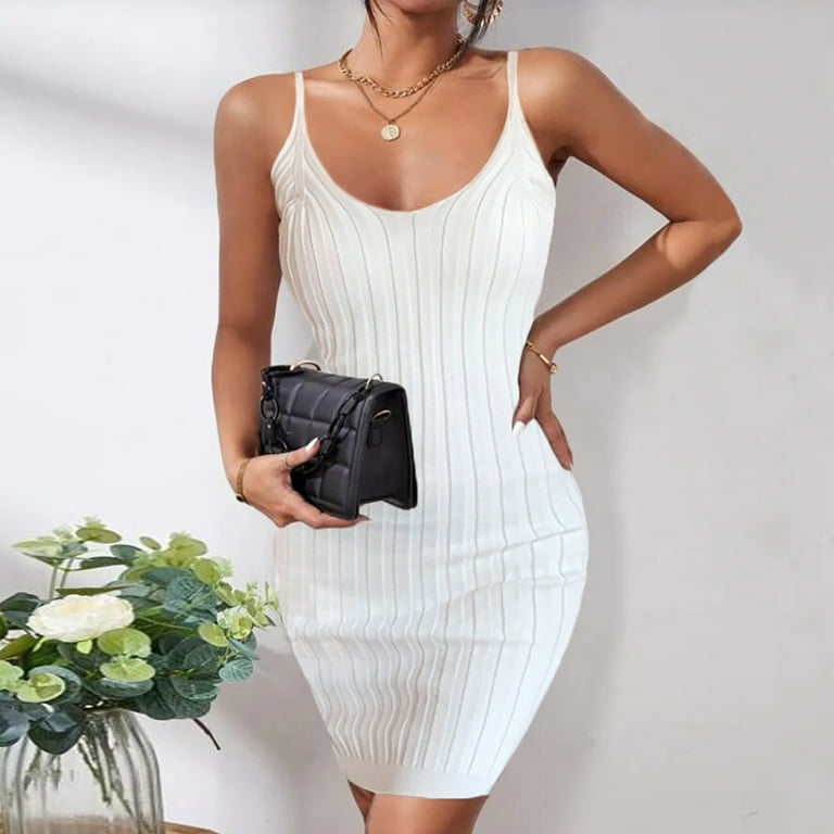 Summer Dresses Clearance Sleeveless V-Neck Dress Sling Halter Shapewear  Dress for Women Working Calf Length dress,White,XS 