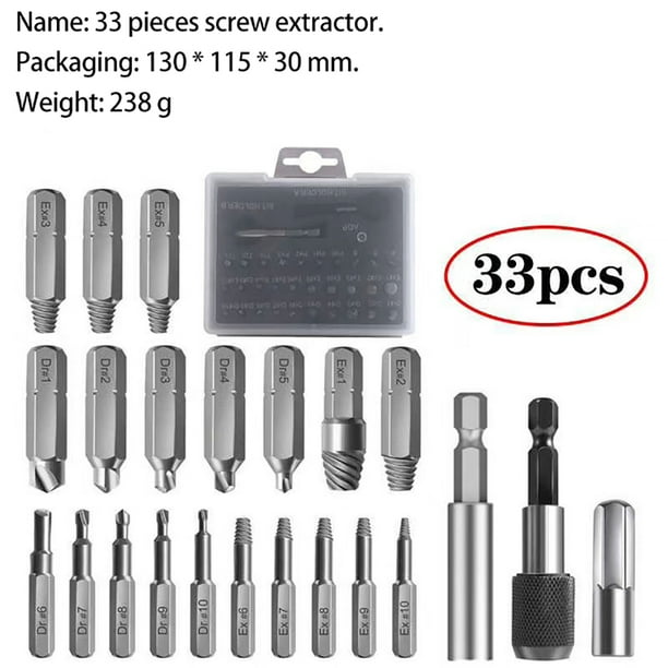 Juego de extractores de tornillos pelados dañados de 33 piezas para tornillos rotos Juego de removedores de tornillos rotos HSS multiusos NikouMX herramienta