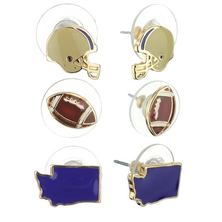 Enamel Football - Women's Epoxy Enamel College Football State Theme Set Pierced Stud Earrings, Washington, Purple/Gold-Tone