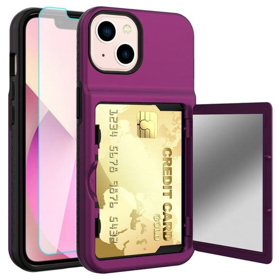 iPhone 13 Case with Tempered Glass Screen Protector, Dteck Wallet Case Credit Card Holder & Hidden Mirror, Heavy Duty Shockproof Protective Case for iPhone 13 6.1 inch,Purple