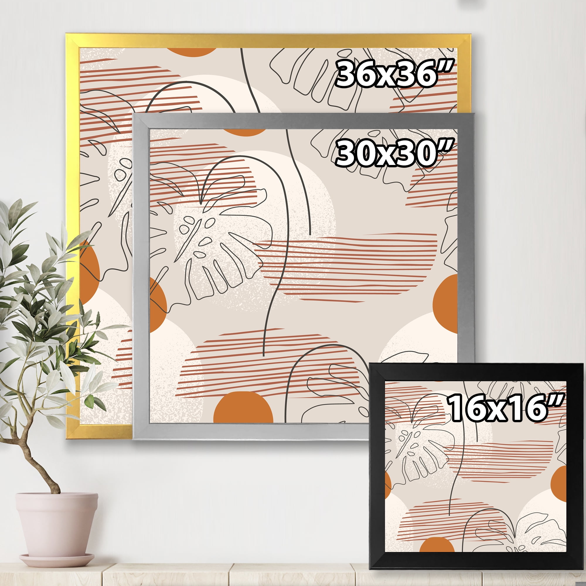 Designart 'Abstract Monstera Leaf and One Line Art Shapes' Modern Framed Art Print